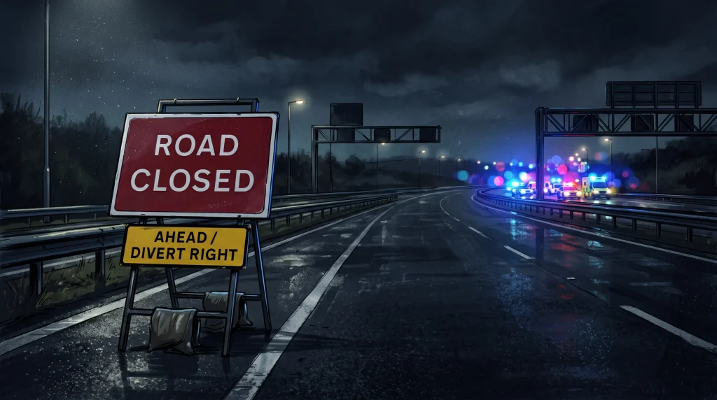 A conceptual illustration of a road closure at night with emergency service lights.