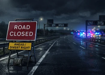 A conceptual illustration of a road closure at night with emergency service lights.