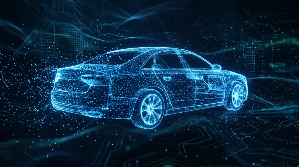 A conceptual digital car silhouette representing industrial change.