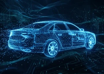 A conceptual digital car silhouette representing industrial change.