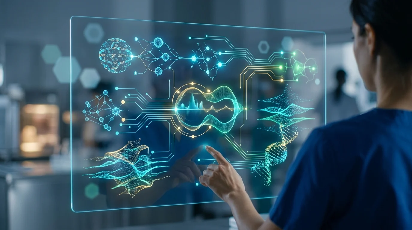 Abstract representation of medical data and algorithms.