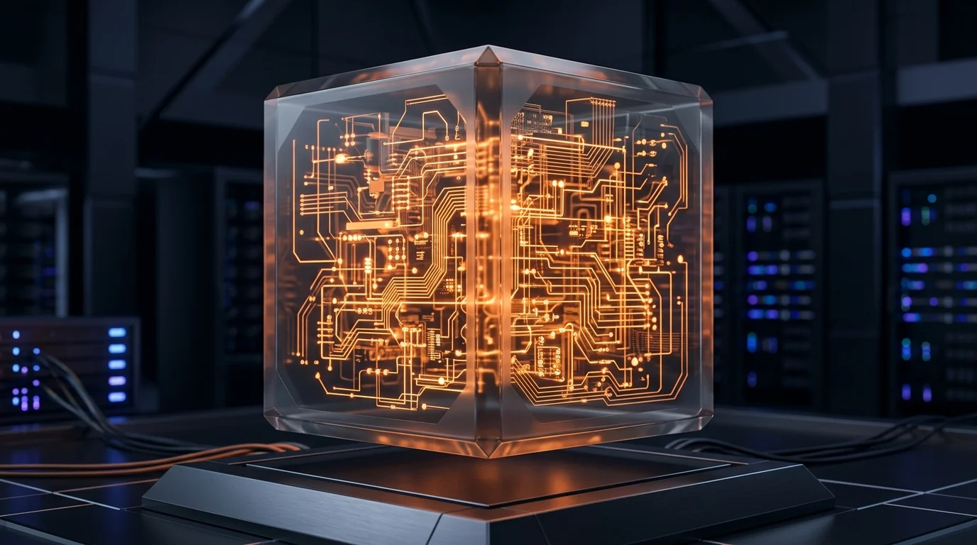Conceptual render of a glowing digital black box
