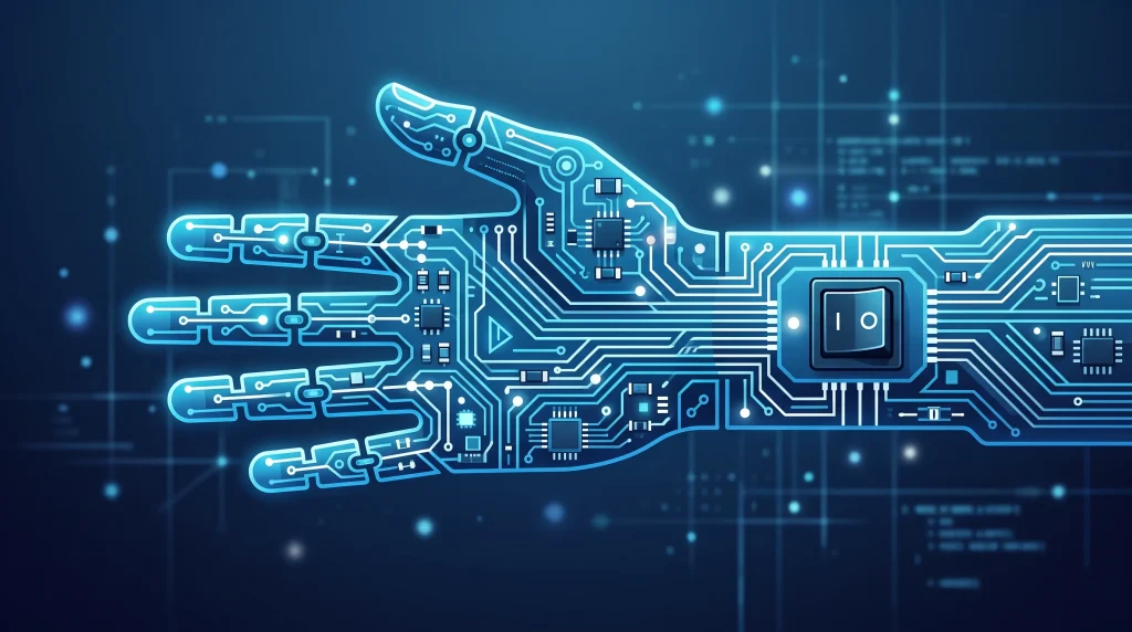 Conceptual art showing a mechanical switch on a digital interface representing AI control.