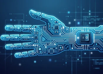 Conceptual art showing a mechanical switch on a digital interface representing AI control.