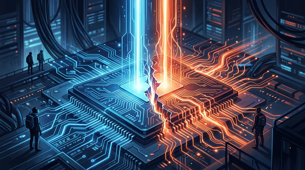 Conceptual illustration of a glowing computer chip split by two distinct colors of light.