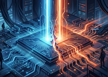 Conceptual illustration of a glowing computer chip split by two distinct colors of light.