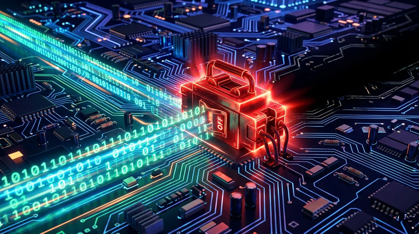 Conceptual illustration of a digital circuit breaker and binary data.