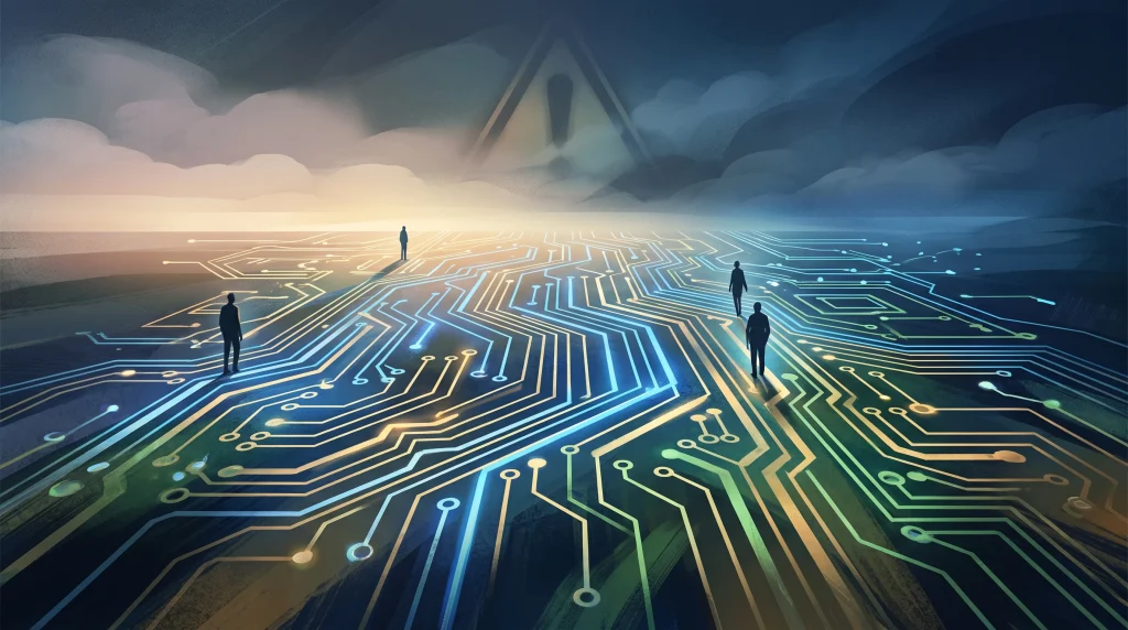 Conceptual illustration of digital circuits and a receding warning shadow.