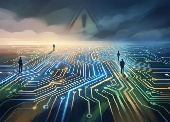 Conceptual illustration of digital circuits and a receding warning shadow.