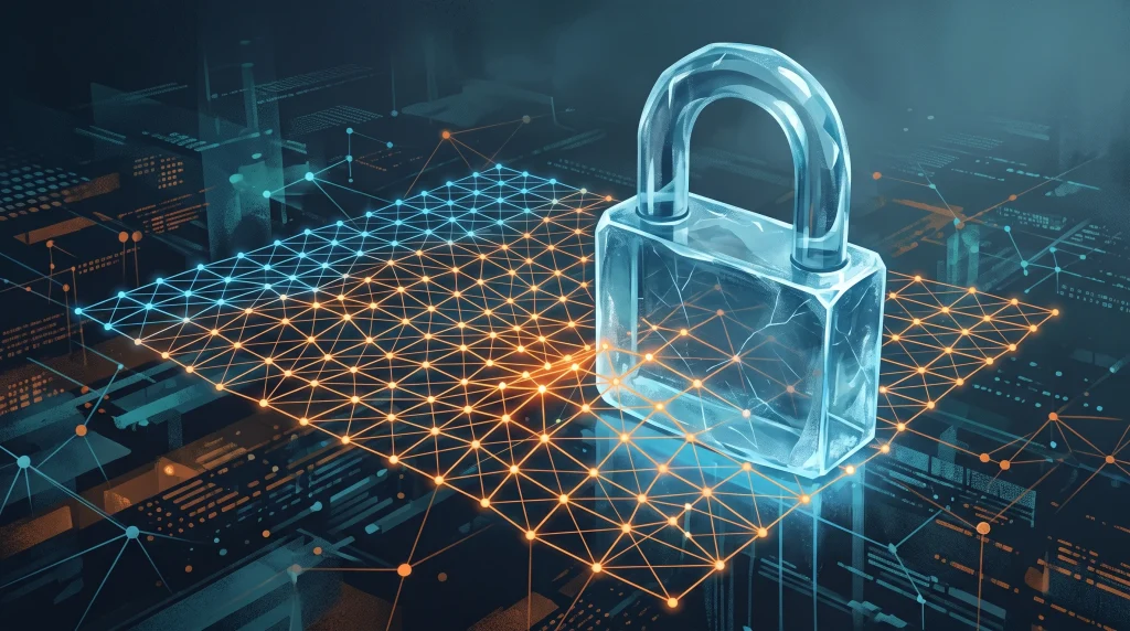 A conceptual illustration of a digital lock over a neural network grid.
