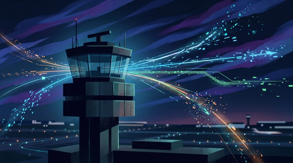 Conceptual illustration of a fractured digital network over a control tower silhouette