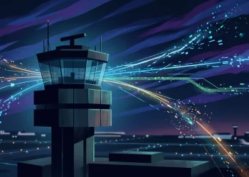 Conceptual illustration of a fractured digital network over a control tower silhouette