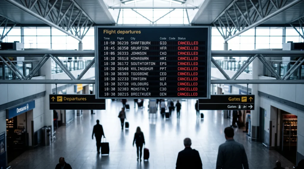A blurred airport departure screen displaying several flight cancellations in red text.