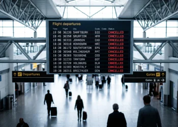 A blurred airport departure screen displaying several flight cancellations in red text.