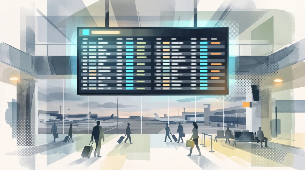 A conceptual image of a blurred airport departure board.
