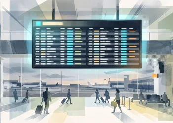A conceptual image of a blurred airport departure board.
