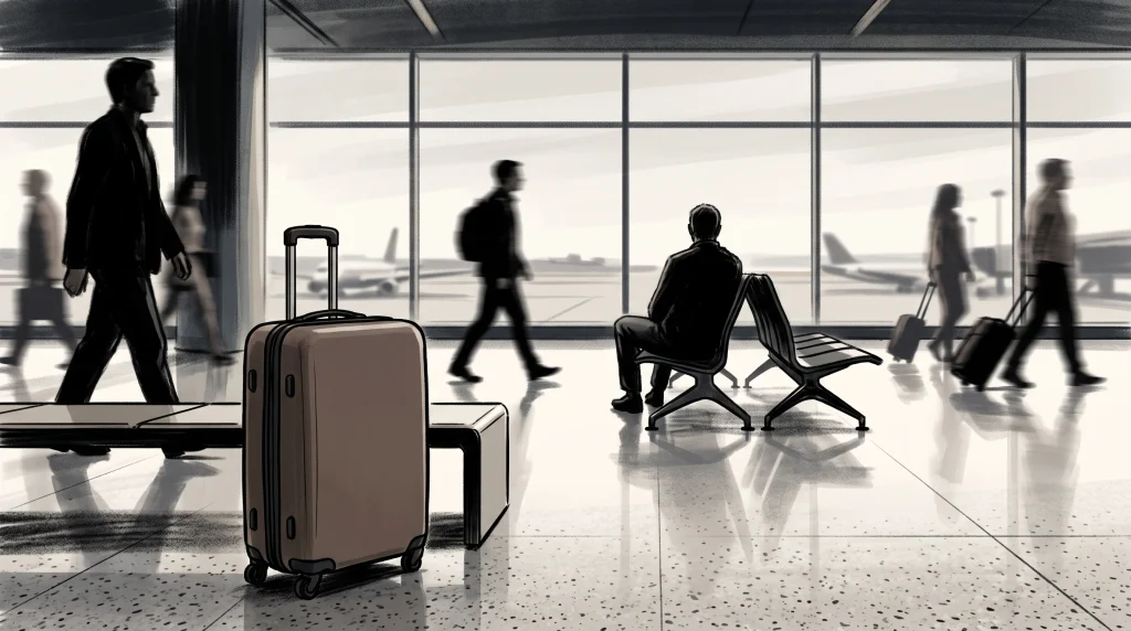 A conceptual image of a suitcase in an airport departure terminal.