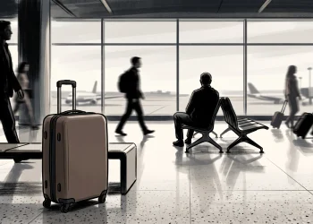 A conceptual image of a suitcase in an airport departure terminal.