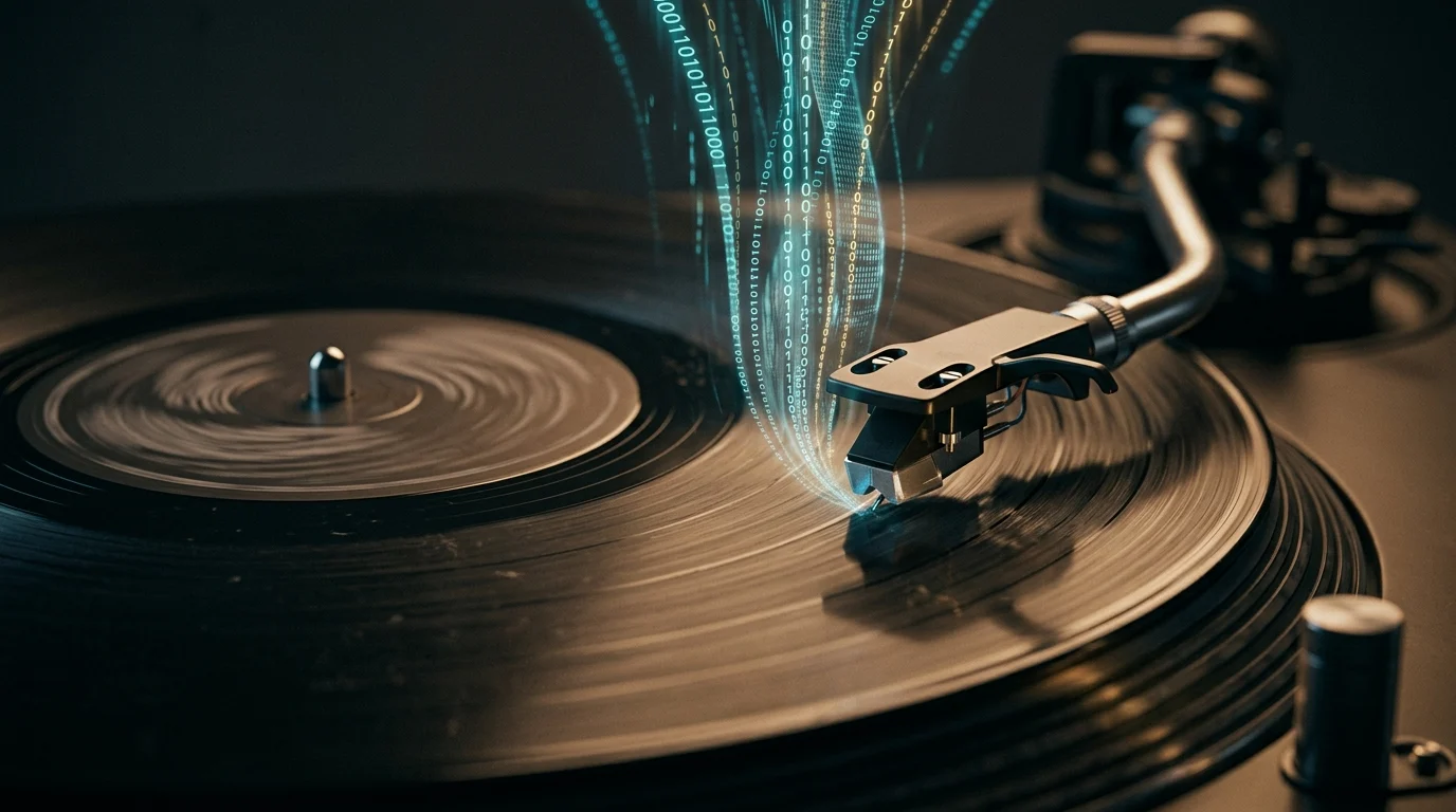 Close-up of a vinyl record playing with digital data effects.