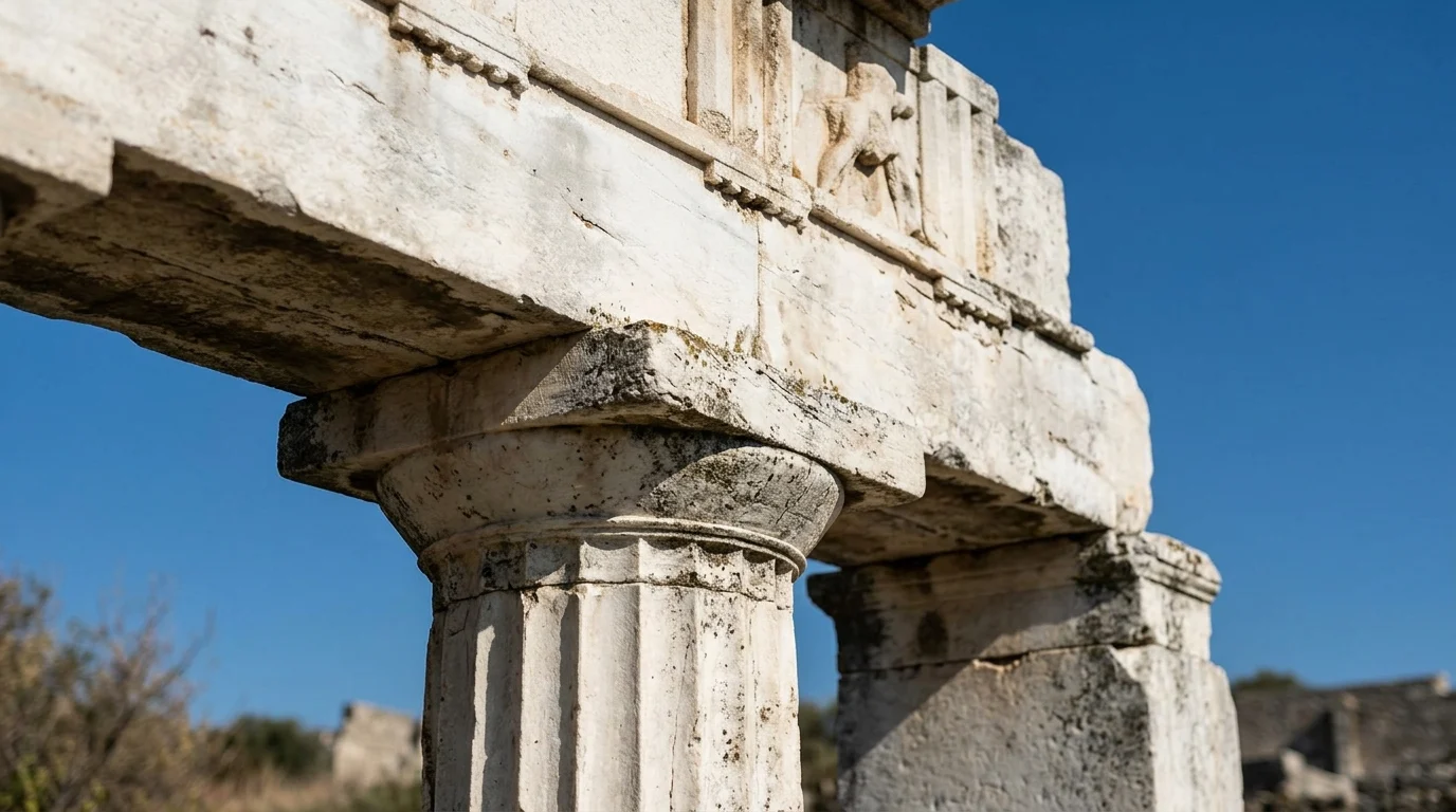 Architectural detail of an ancient Greek column against a blue sky.