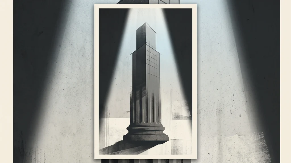 Conceptual illustration of a Greek column merged with modern lines under a spotlight