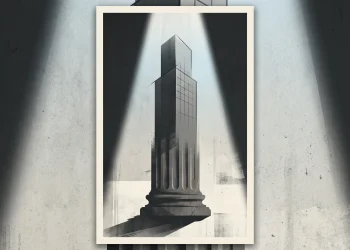 Conceptual illustration of a Greek column merged with modern lines under a spotlight