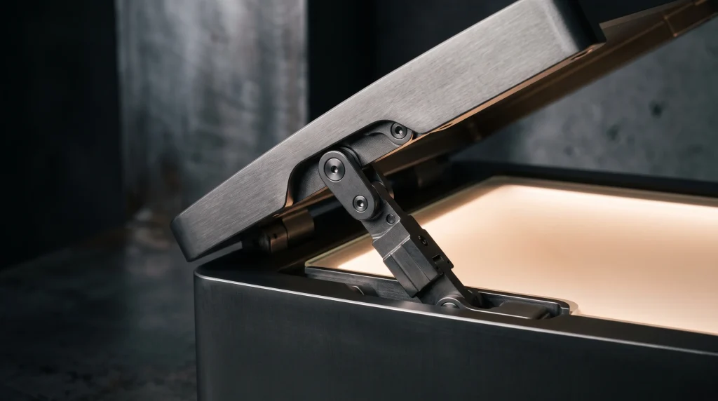 Conceptual close-up of a folding smartphone hinge and glass display.