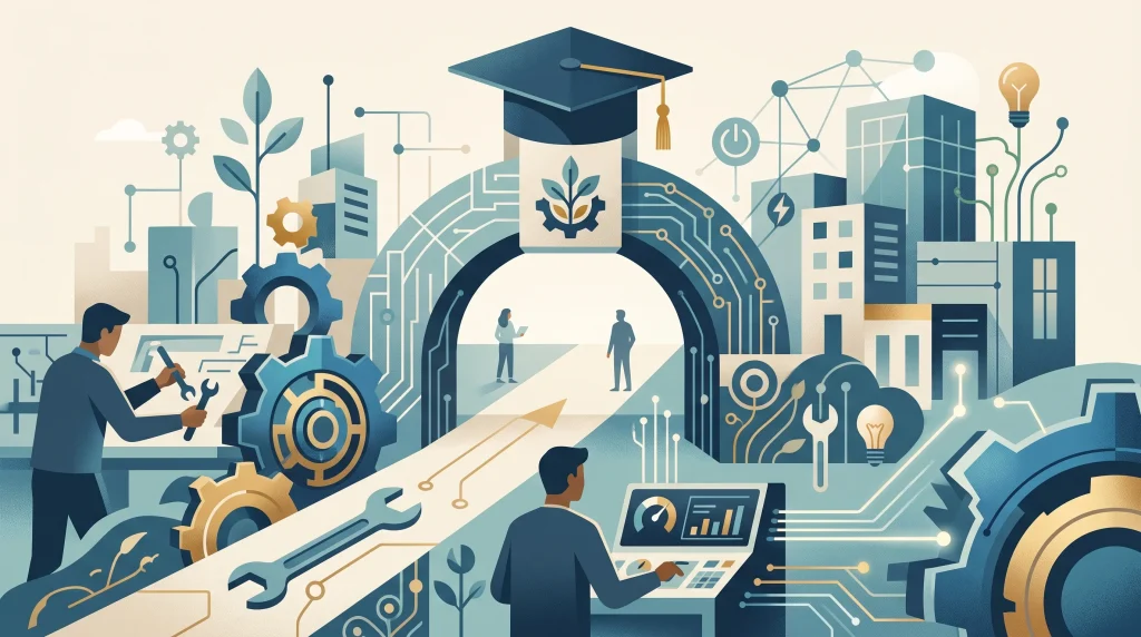 A conceptual illustration of apprenticeship and vocational training symbols.