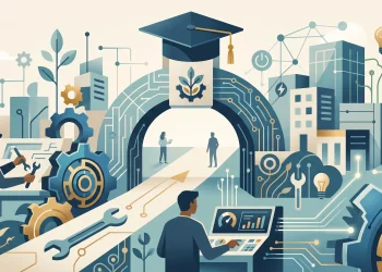 A conceptual illustration of apprenticeship and vocational training symbols.