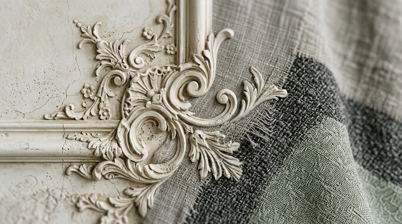 Macro view of plaster textures and fabric weaves.