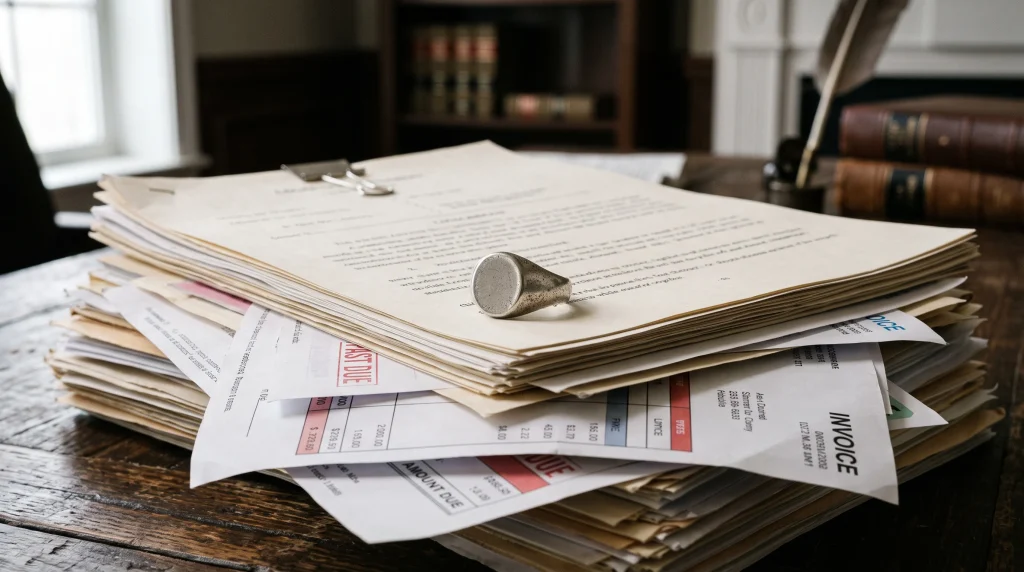 Conceptual image representing fraudulent aristocratic status and legal documents.