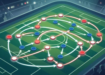 Conceptual tactical illustration of a football formation showing red and blue movements.