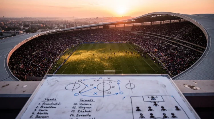 A conceptual representation of a football stadium and tactical planning board.