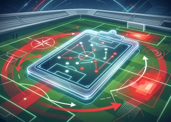 Conceptual illustration of football scouting and tactical planning.
