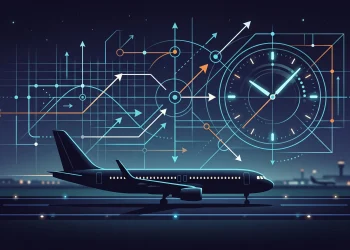 Conceptual illustration of flight travel and strategic planning.