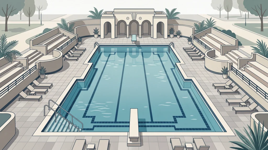A conceptual illustration of an Art Deco swimming pool.