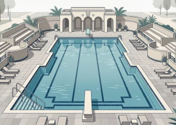 A conceptual illustration of an Art Deco swimming pool.