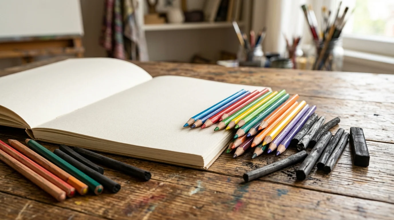 Art materials on a studio table.