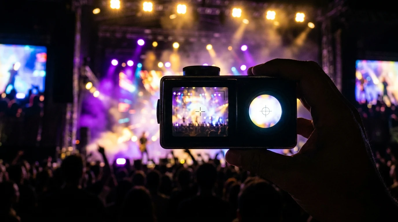 A director's viewfinder framing a concert stage.