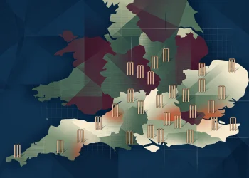 Conceptual map of England showing cricket stumps focused on southern regions.
