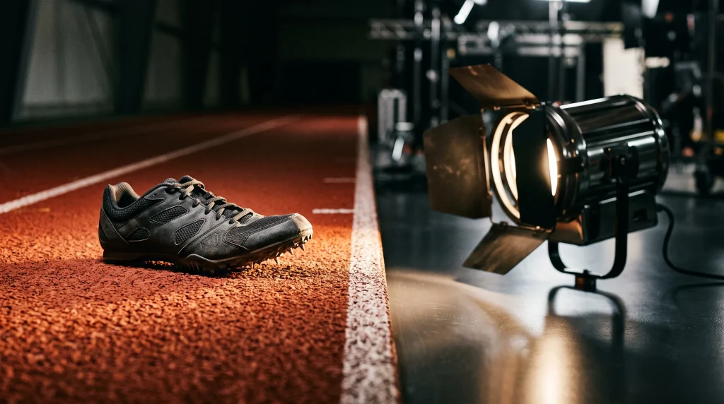A professional running shoe on a track lane next to a studio light.