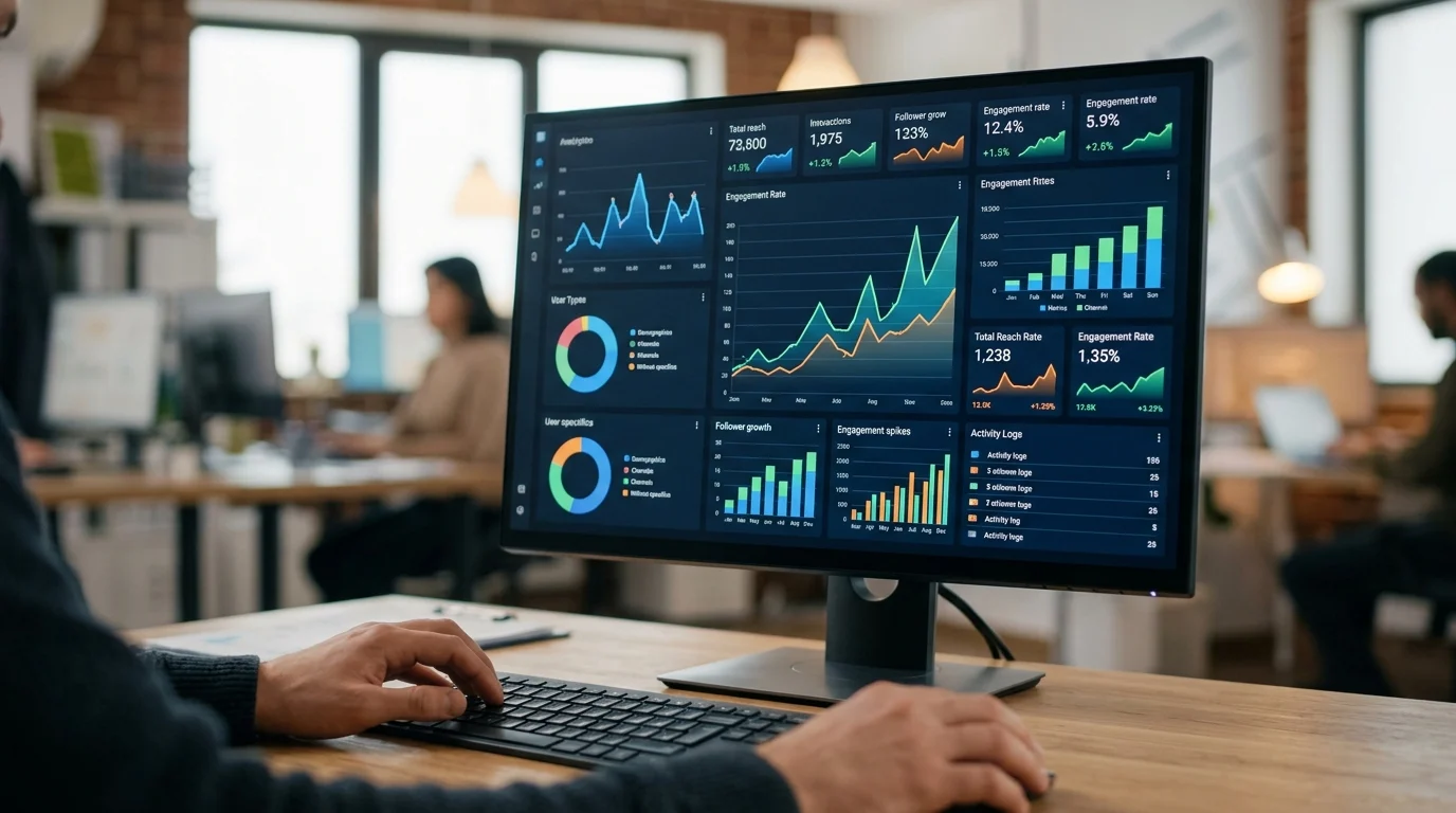 A digital dashboard showing social media analytics and audience growth metrics.