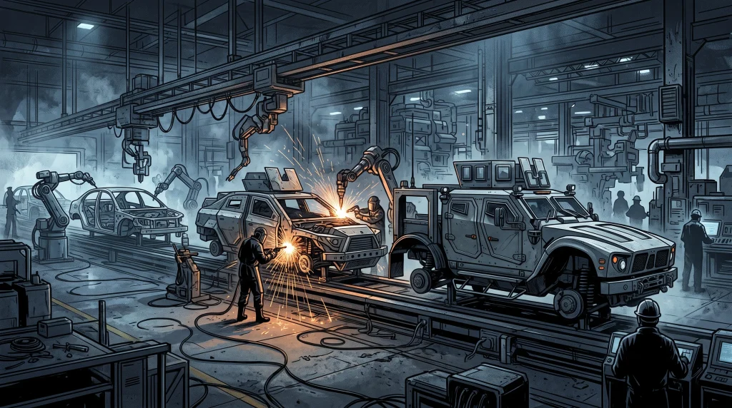 Conceptual image of an automotive assembly line transitioning to military vehicle production.