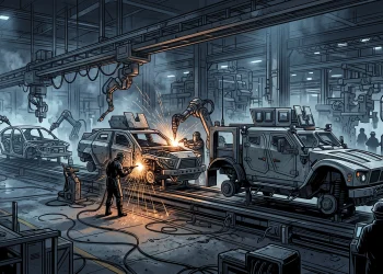 Conceptual image of an automotive assembly line transitioning to military vehicle production.