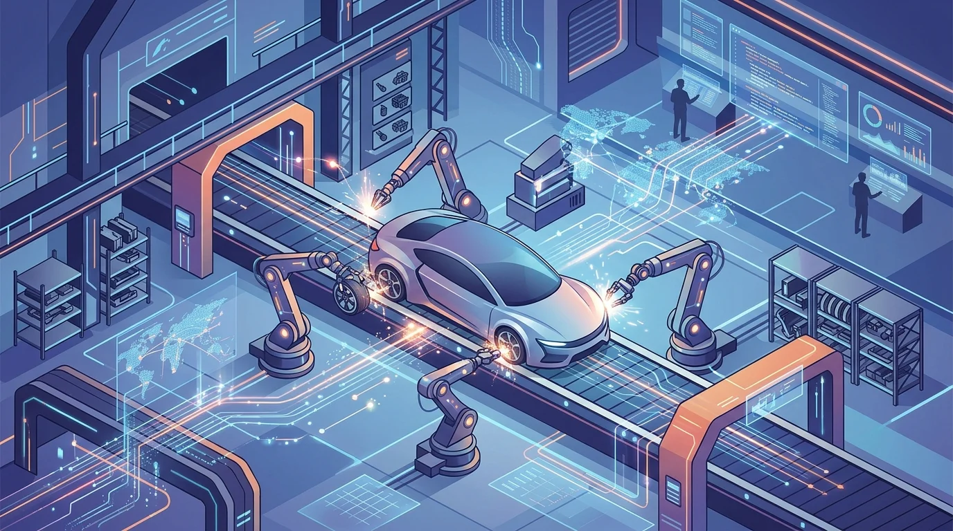 An abstract digital representation of automotive manufacturing and data flow.