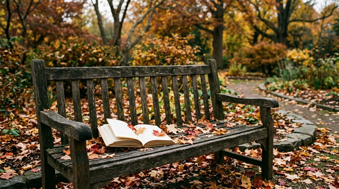 An open book on a bench surrounded by autumn leaves.