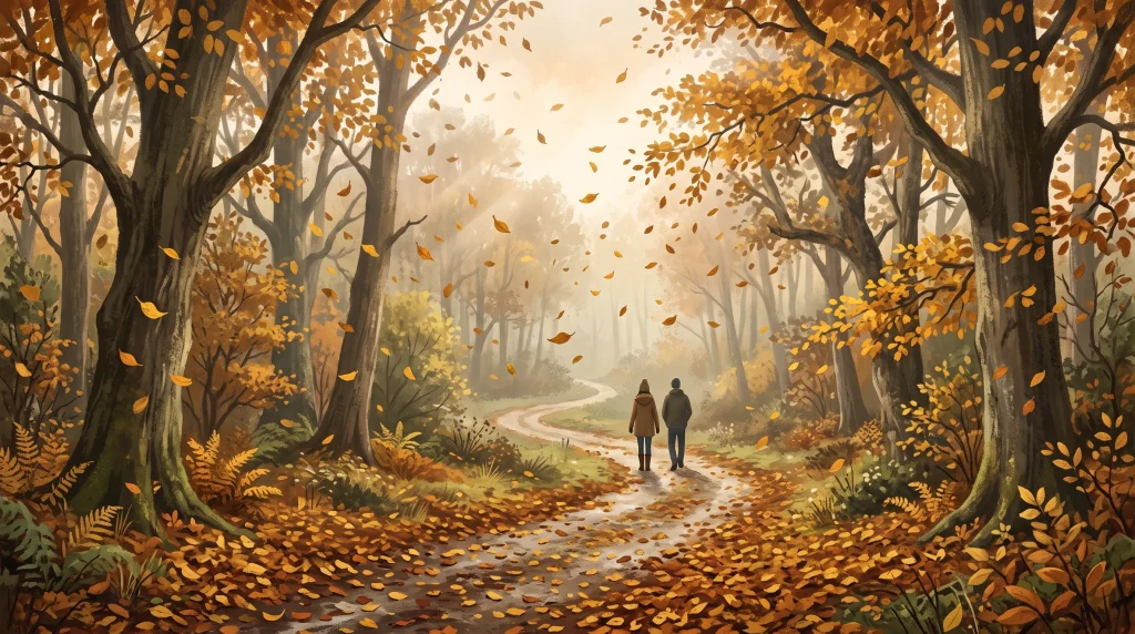A conceptual illustration of a Sussex woodland path in autumn.