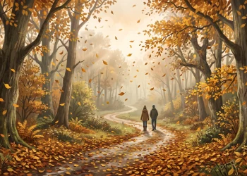 A conceptual illustration of a Sussex woodland path in autumn.