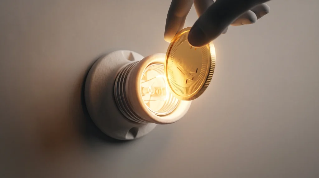 A conceptual image of a coin being inserted into a lightbulb to represent energy funding.