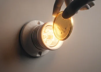 A conceptual image of a coin being inserted into a lightbulb to represent energy funding.
